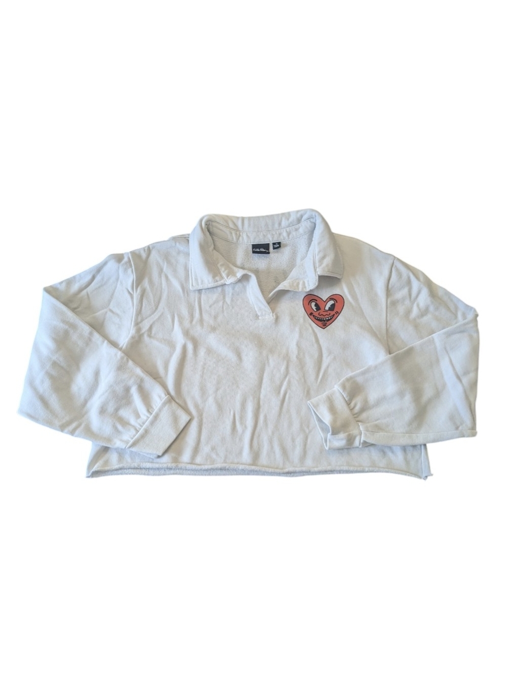 Keith Haring White Cropped Long-Sleeve Fleece Polo Sweatshirt with Red Heart